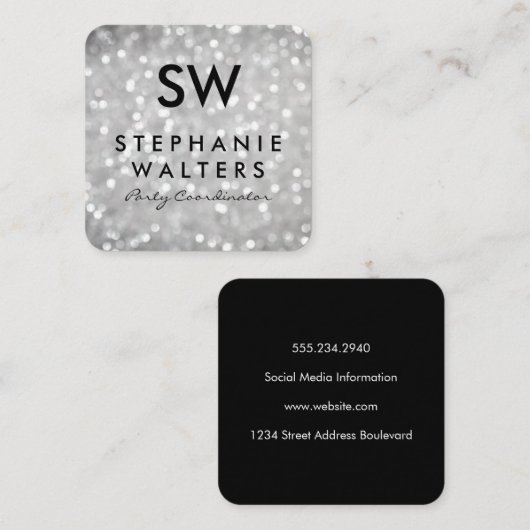 Monogram Elegant Gray Glitzer Quadratische Visitenkarte (Vorne/Hinten)