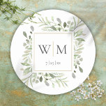 Monogram Elegant Greenerity Gold Wedding Runder Aufkleber<br><div class="desc">Mit feinen Aquarellfarben-Blätter können diese schicken botanischen Aufkleber mit Ihren Monogramm-Initialen und Ihrem besonderen Datum personalisiert werden. Entwickelt von Thisisnotme©</div>