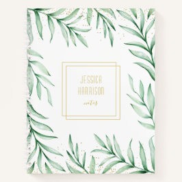 Monogram Elegant Greenerity Watercolor Blätter Grü Notizblock