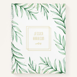 Monogram Elegant Greenerity Watercolor Blätter Grü Notizblock