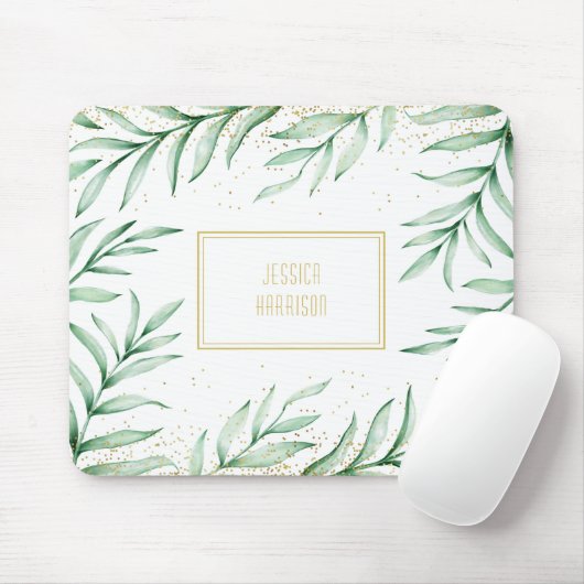 Monogram Elegant Greenerity Watercolor Blätter Mousepad (Mit Mouse)