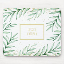Monogram Elegant Greenerity Watercolor Blätter Mousepad