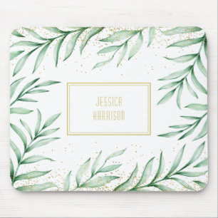 Monogram Elegant Greenerity Watercolor Blätter Mousepad