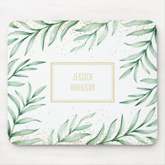 Monogram Elegant Greenerity Watercolor Blätter Mousepad (Vorne)