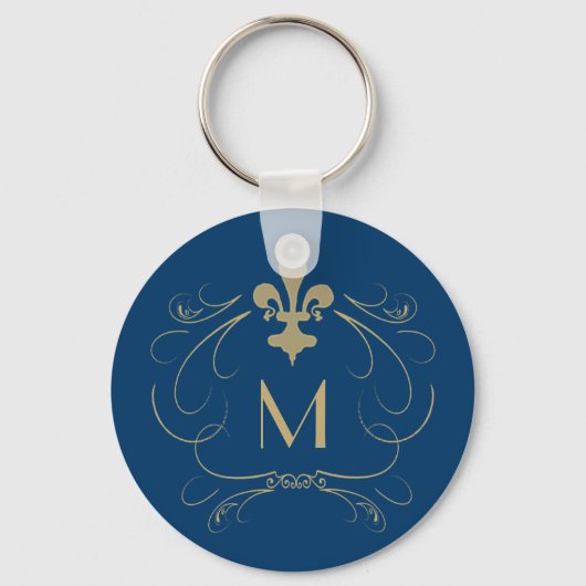 Monogram Elegant Lilie Blue Gold Schlüsselanhänger (Vorderseite)
