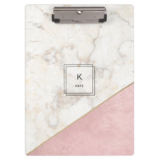 Monogram Elegant Marmor Minimalistische Rose Gold Klemmbrett (Vorderseite)