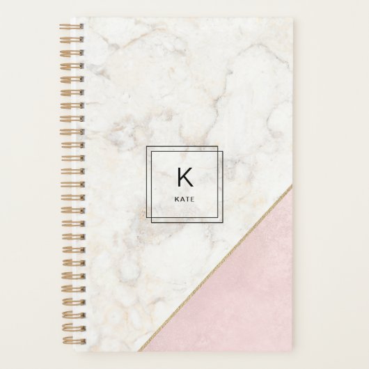 Monogram Elegant Marmor Minimalistische Rose Gold Planer (Vorderseite)