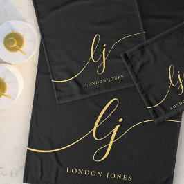 Monogram Elegant Minimal Black Gold Chic Stilvoll Badhandtuch Set