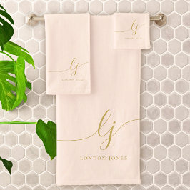 Monogram Elegant Minimal Blush Pink Gold Chic Bath Badhandtuch Set