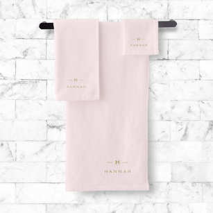 Monogram Elegant Minimal Blush Pink und Gold Badhandtuch Set