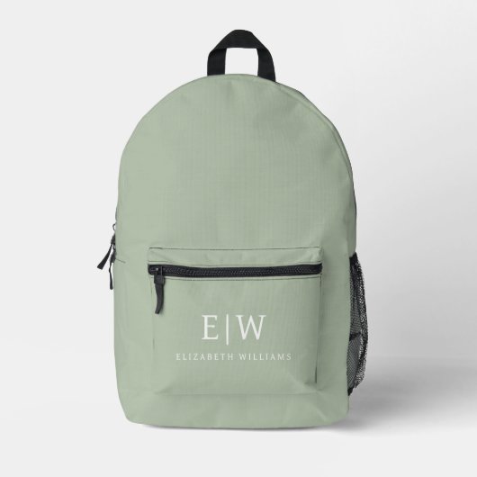 Monogram Elegant Minimal Sage Green Bedruckter Rucksack (Vorderseite)