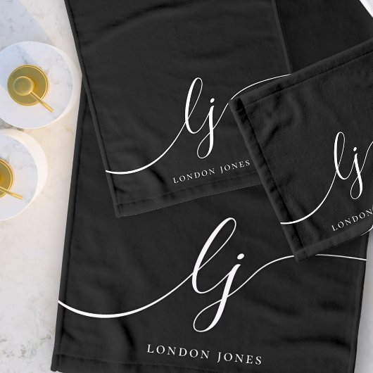 Monogram Elegant Minimal Schwarz-weiß Chic Badhandtuch Set