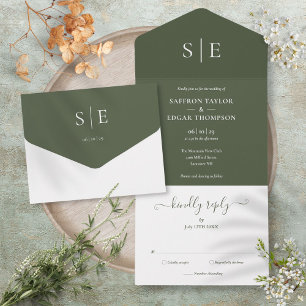Monogram Elegant Minimalistisch Olive Green Weddin All In One Einladung