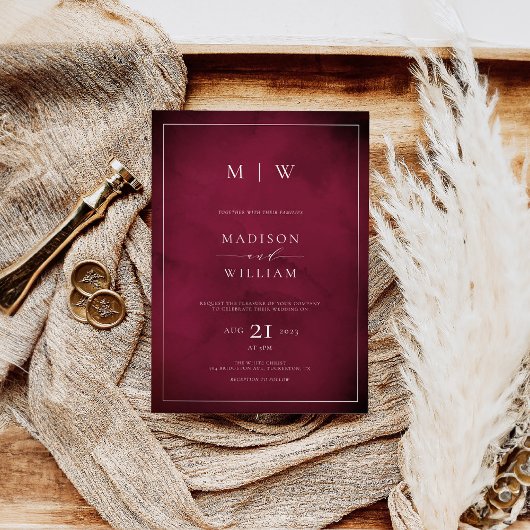 Monogram Elegant Modern Burgundy Wedding Einladung