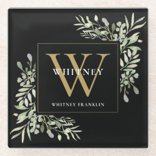 Monogram Elegant Moderne Grüne Schwarze Gold Glasuntersetzer