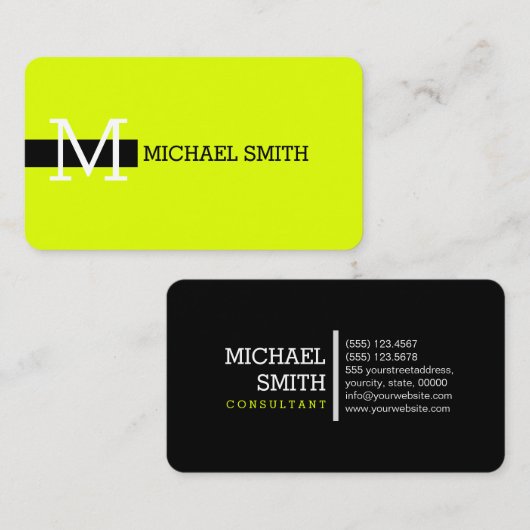 Monogram Elegant Modernes Chartreuse & Black Visitenkarte (Vorne/Hinten)