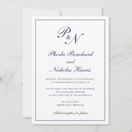 Monogram Elegant Navy Blue All in one Wedding Einladung (Vorderseite)