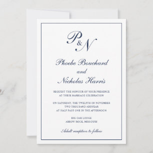 Monogram Elegant Navy Blue All in one Wedding Einladung