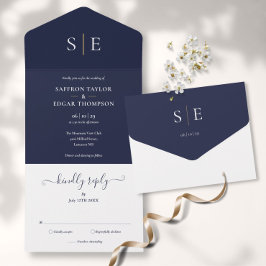 Monogram Elegant Navy Blue and Gold Wedding All In One Einladung
