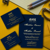 Monogram Elegant Navy Blue and Gold Wedding Folieneinladung