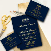 Monogram Elegant Navy Blue and Gold Wedding Folieneinladung