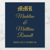 Monogram Elegant Navy Blue and Gold Wedding Weinetikett (Einzelnes Label)