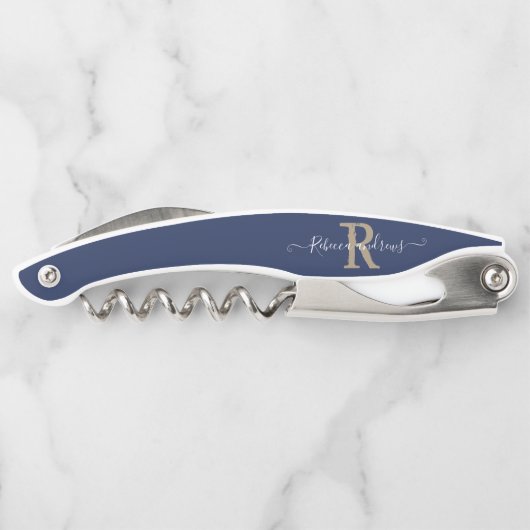 Monogram Elegant Navy Script Anfangsname Kellnermesser (Rückseite)