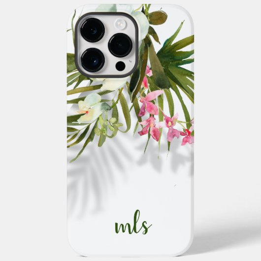 Monogram Elegant Pink Floral Tropical Palm Shadows Case-Mate iPhone Hülle (Rückseite)