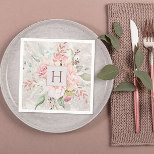 Monogram Elegant Pink Rose Pfingstrose Florales Ma Serviette