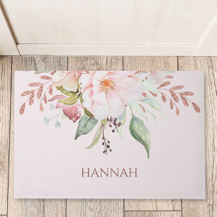 Monogram Elegant Pink Rose und Pfingstrose Blumenm Fußmatte