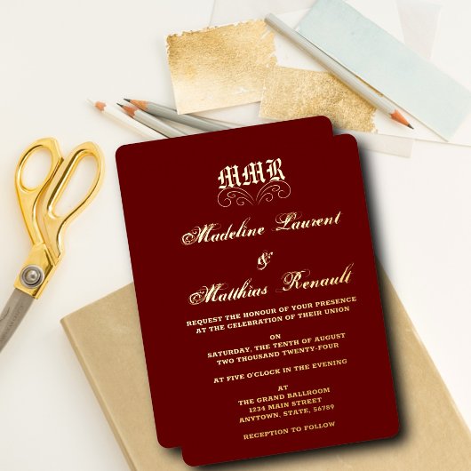 Monogram Elegant Red and Gold Wedding Folieneinladung