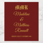 Monogram Elegant Red and Gold Wedding Weinetikett (Einzelnes Label)