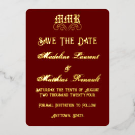 Monogram Elegant Red & Gold Save the Date Folieneinladung