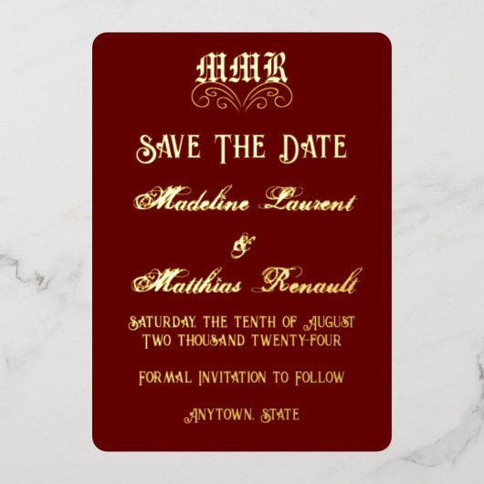 Monogram Elegant Red & Gold Save the Date Folieneinladung (Vorderseite)