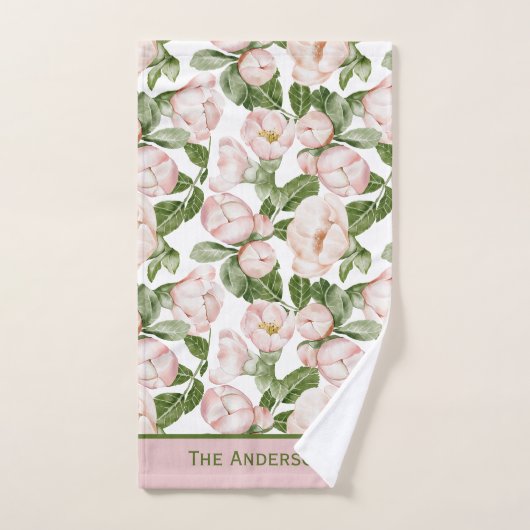 Monogram Elegant Rosa Grüne Blume Badhandtuch Set (Handtuch)