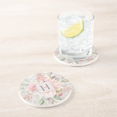 Monogram Elegant Rosa Rose Peony Floral Marmor Getränkeuntersetzer (Seite)