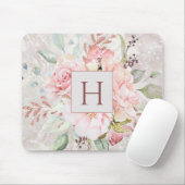 Monogram Elegant Rosa Rose Peony Floral Marmor Mousepad (Mit Mouse)