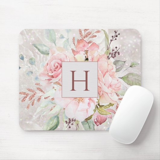 Monogram Elegant Rosa Rose Peony Floral Marmor Mousepad (Mit Mouse)