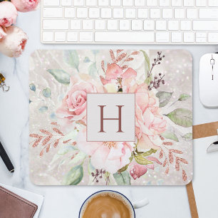 Monogram Elegant Rosa Rose Peony Floral Marmor Mousepad