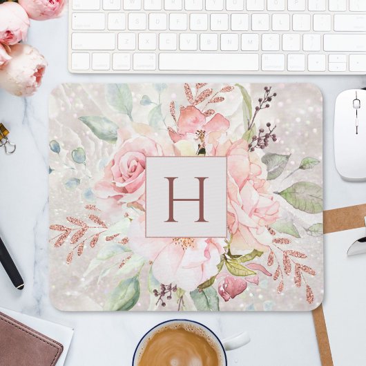 Monogram Elegant Rosa Rose Peony Floral Marmor Mousepad