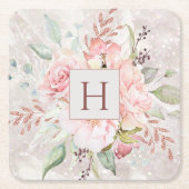 Monogram Elegant Rosa Rose Peony Floral Marmor Rechteckiger Pappuntersetzer (Vorderseite)