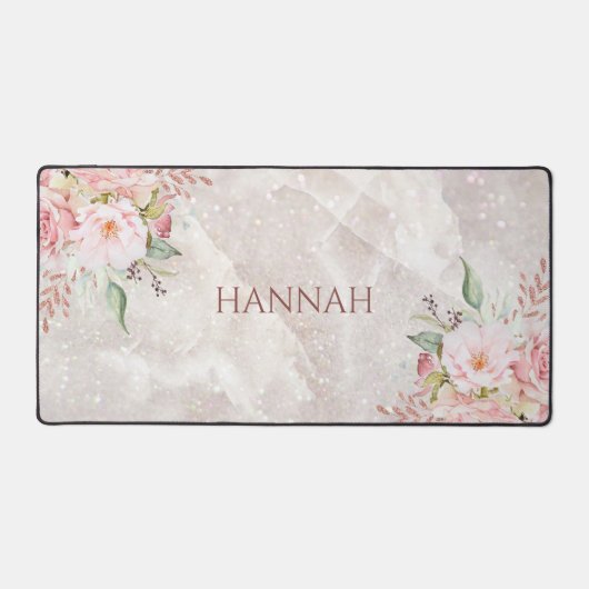 Monogram Elegant Rosa Rose Peony Floral Marmor Schreibtischunterlage (Vorderseite)