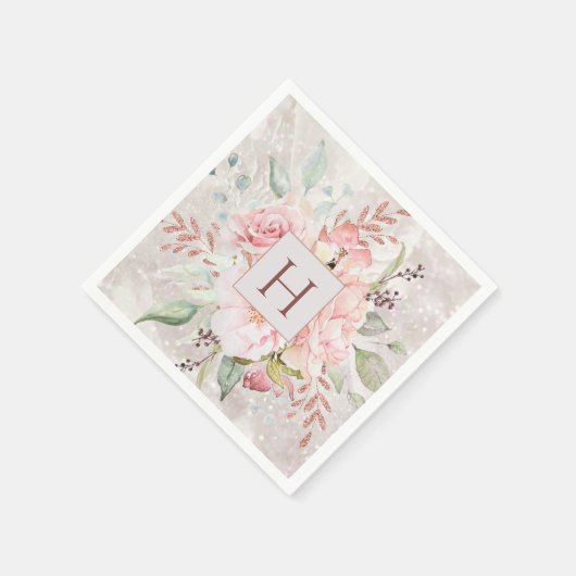 Monogram Elegant Rosa Rose Peony Floral Marmor Serviette (Ecke)
