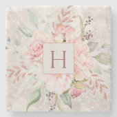 Monogram Elegant Rosa Rose Peony Floral Marmor Steinuntersetzer (Vorderseite)