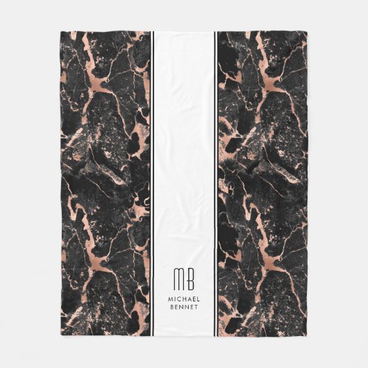 Monogram Elegant Rose Gold Black Marble Fleecedecke (Vorderseite)