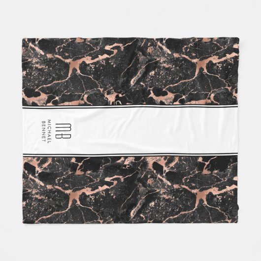 Monogram Elegant Rose Gold Black Marble Fleecedecke (Vorderseite (Horizontal))