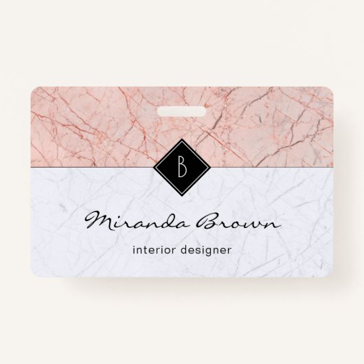 Monogram Elegant Rose Gold Gray Marble Abzeichen Ausweis (Vorderseite)
