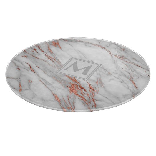 Monogram Elegant Rose Gold Kupfer Weißer Marmor Schneidebrett (Ecke)