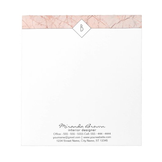 Monogram Elegant Rose Gold Marble Kleiner Notepad Notizblock (Vorderseite)