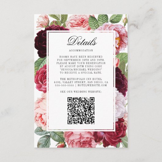 Monogram Elegant Rose Hochzeitdetails QR-Code Begleitkarte (Vorderseite)